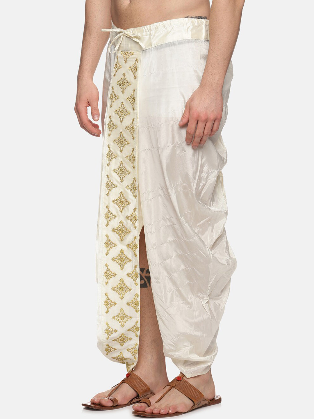 Sethukrishna Men Cream Embroidered Dhoti Pant