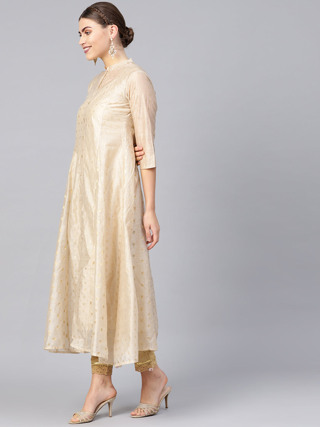 Juniper Womens Beige Chanderi Foil Print Kurta