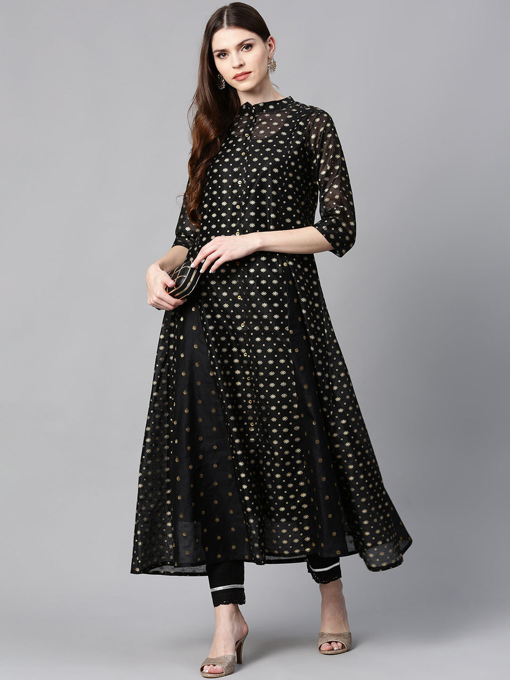 Juniper Womens Black Chanderi Foil Print Kurta