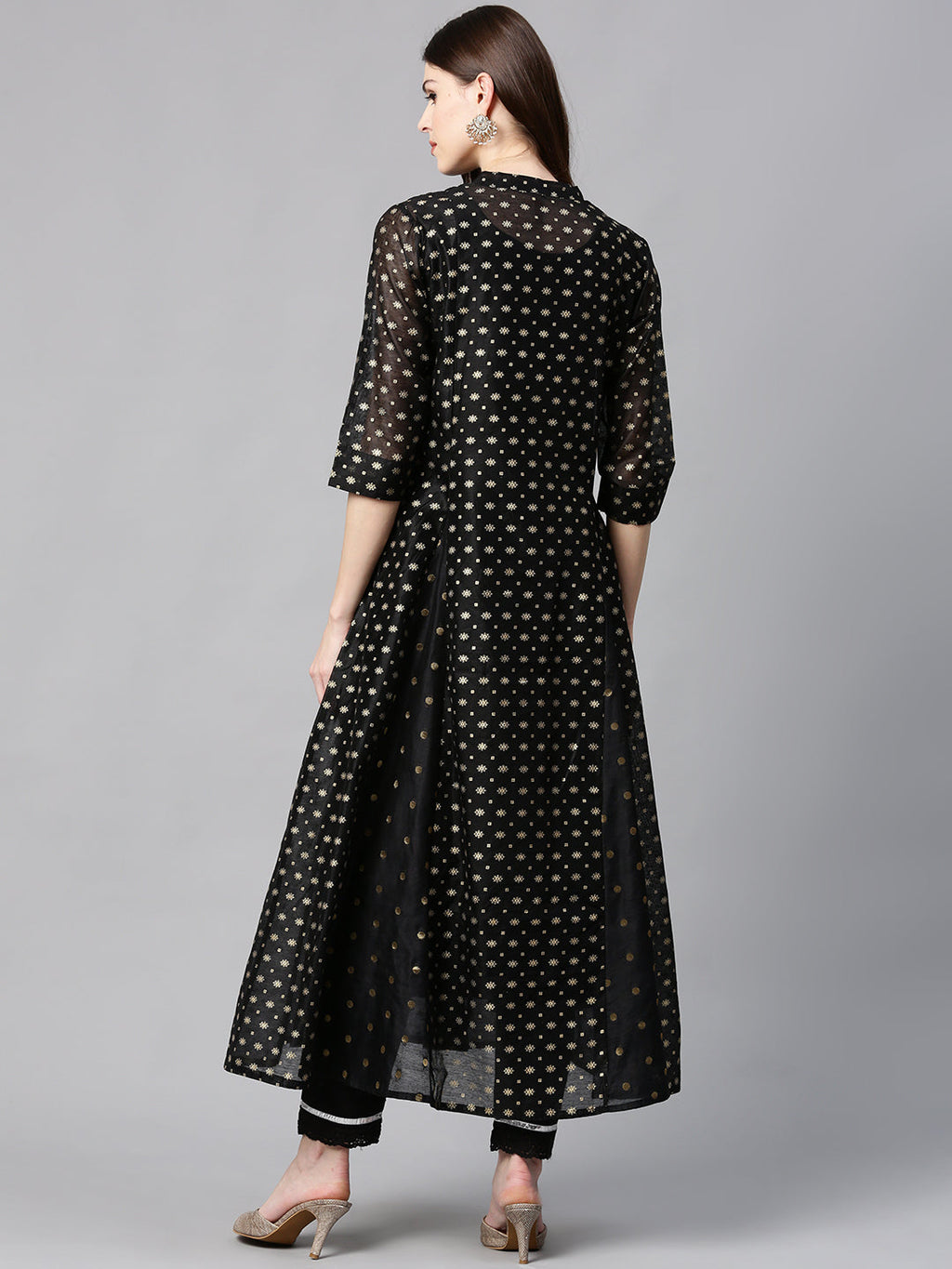 Juniper Womens Black Chanderi Foil Print Kurta