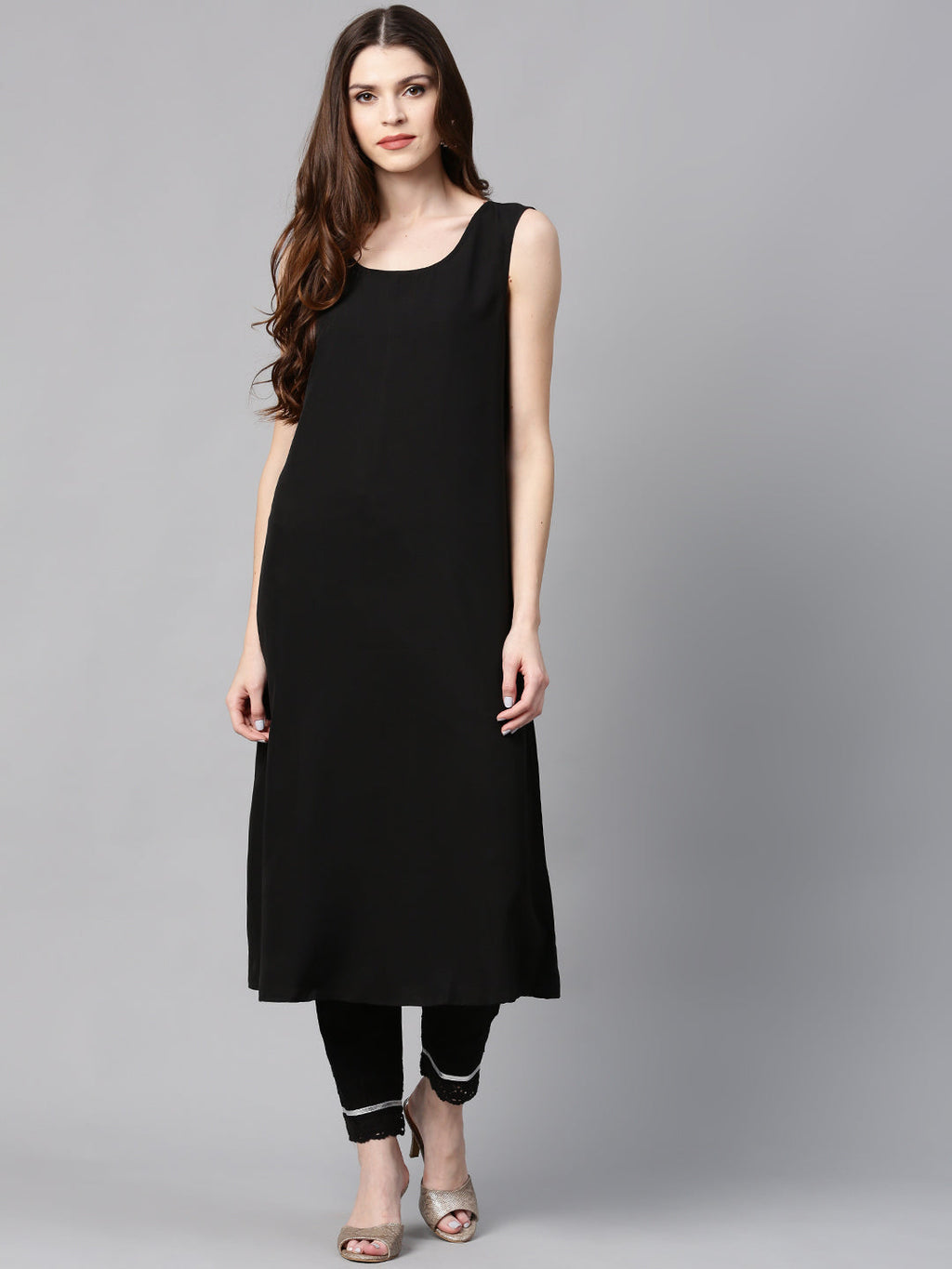 Juniper Womens Black Chanderi Foil Print Kurta