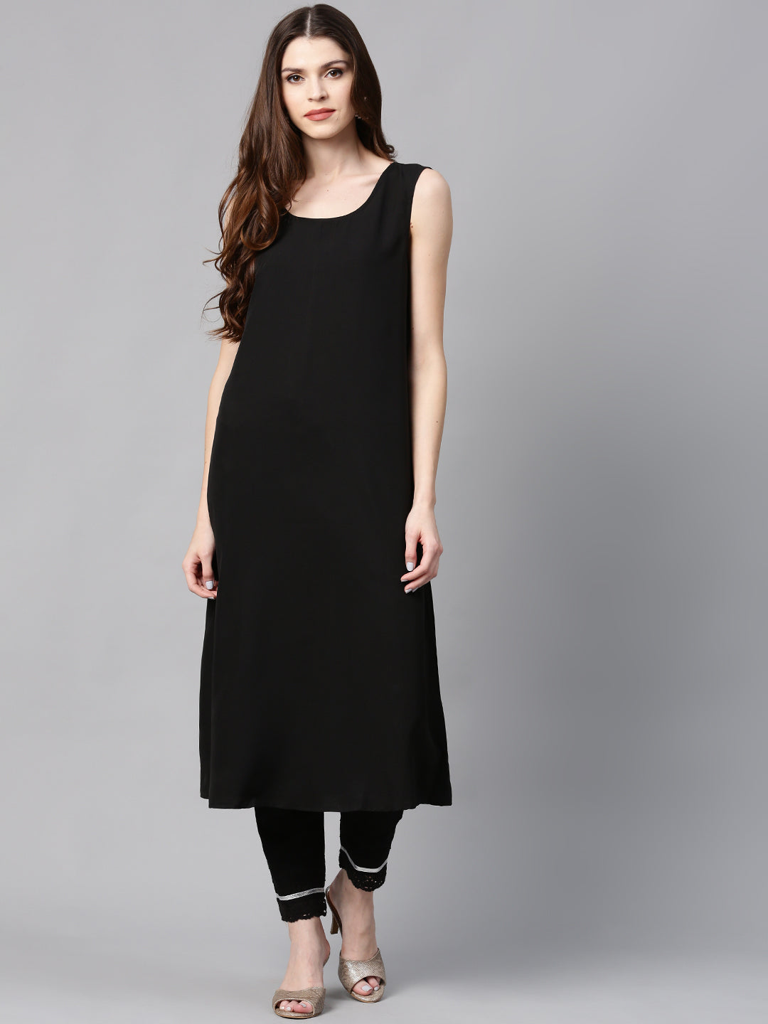 Juniper Womens Black Chanderi Foil Print Kurta