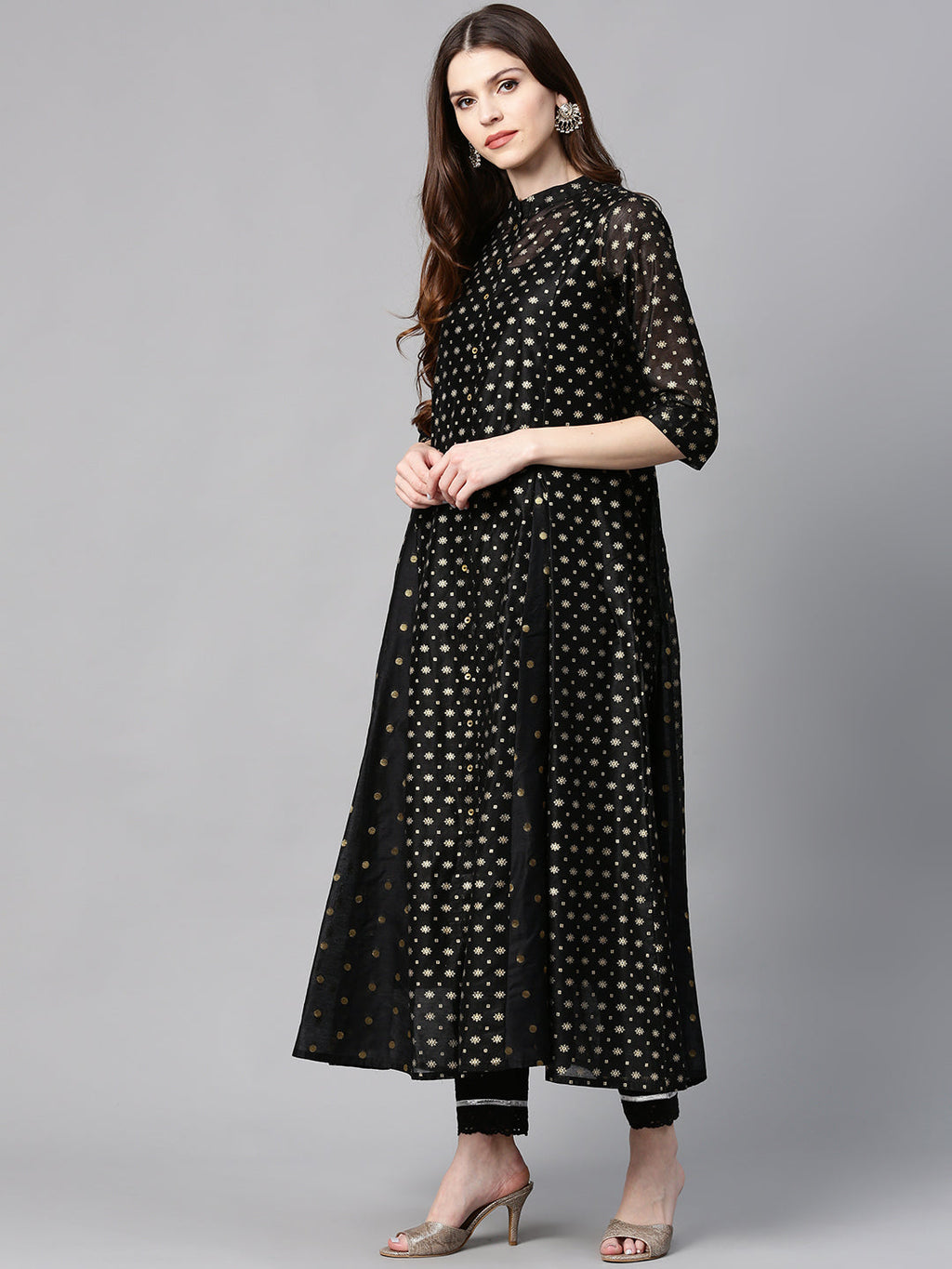 Juniper Womens Black Chanderi Foil Print Kurta