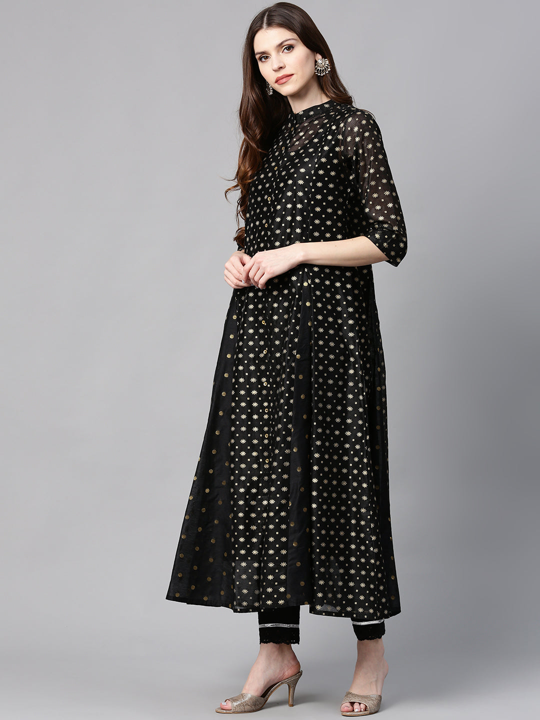 Juniper Womens Black Chanderi Foil Print Kurta