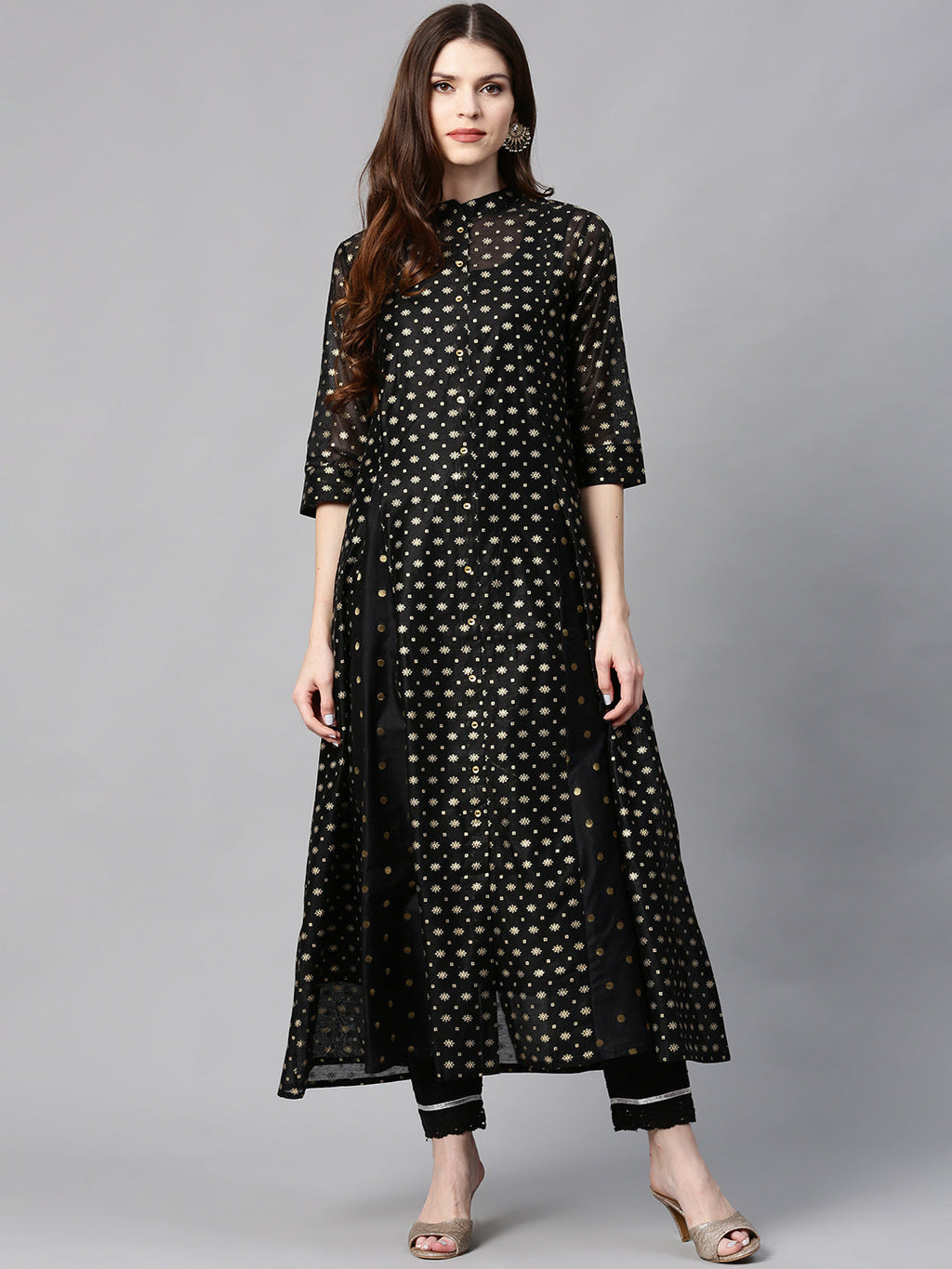 Juniper Womens Black Chanderi Foil Print Kurta