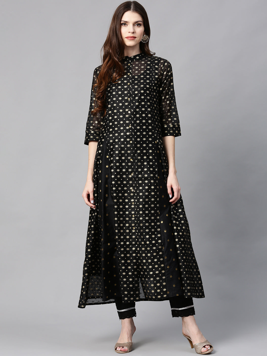Juniper Womens Black Chanderi Foil Print Kurta