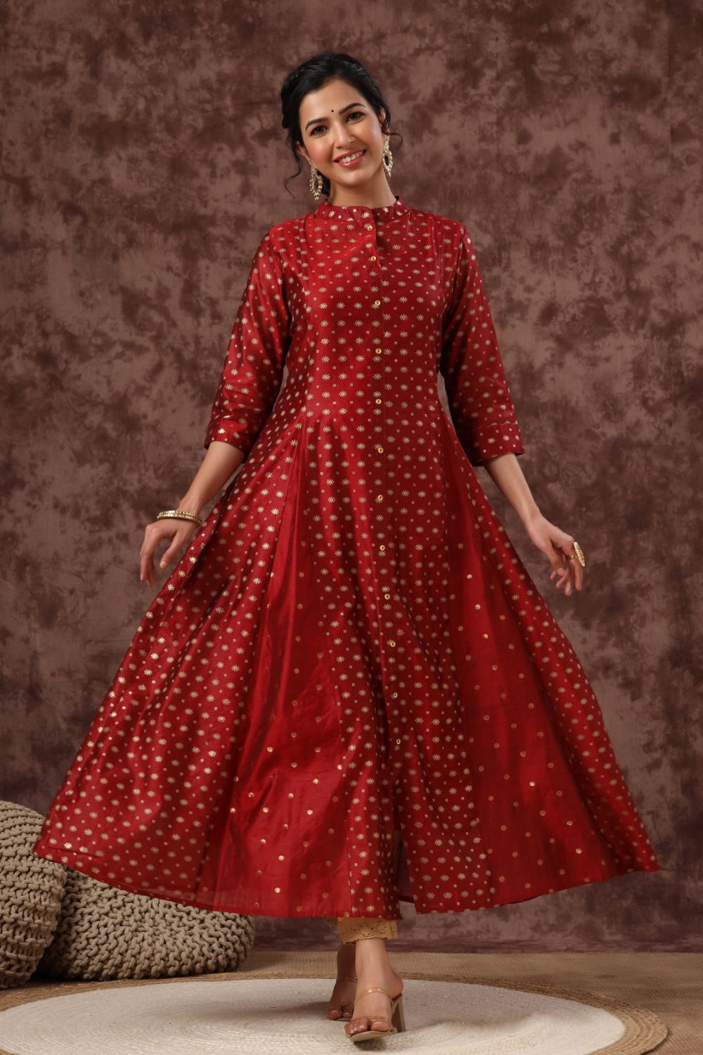 Juniper Womens Maroon Chanderi Foil Print Kurta