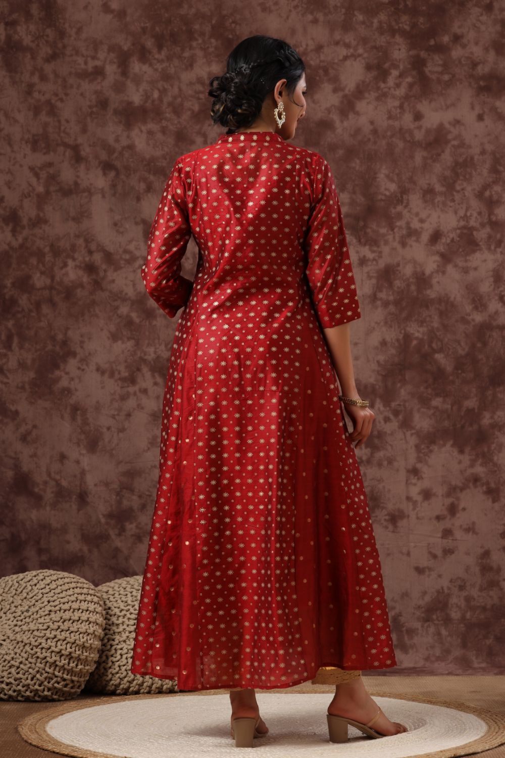 Juniper Womens Maroon Chanderi Foil Print Kurta