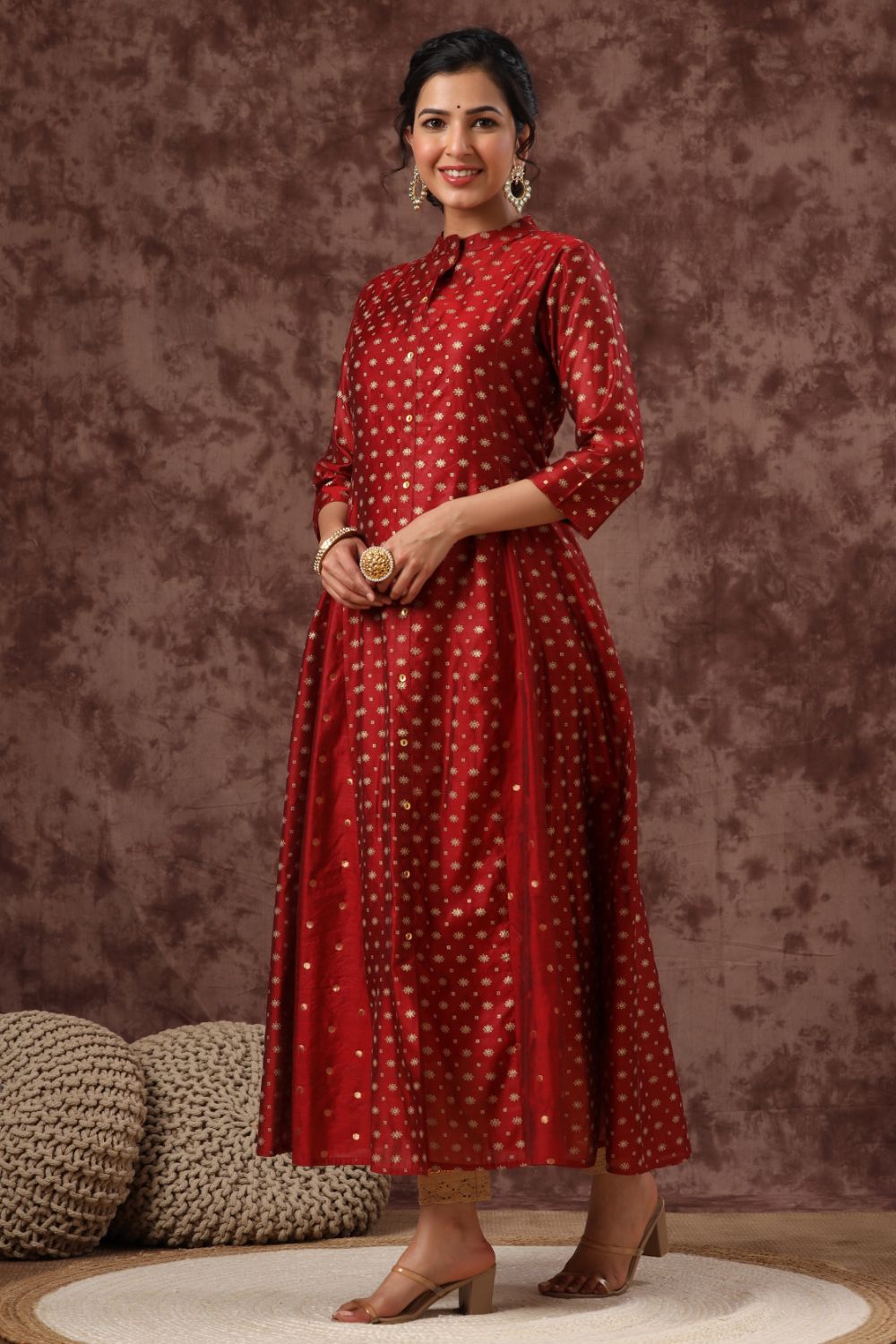 Juniper Womens Maroon Chanderi Foil Print Kurta