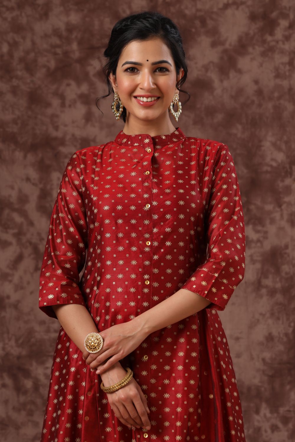 Juniper Womens Maroon Chanderi Foil Print Kurta