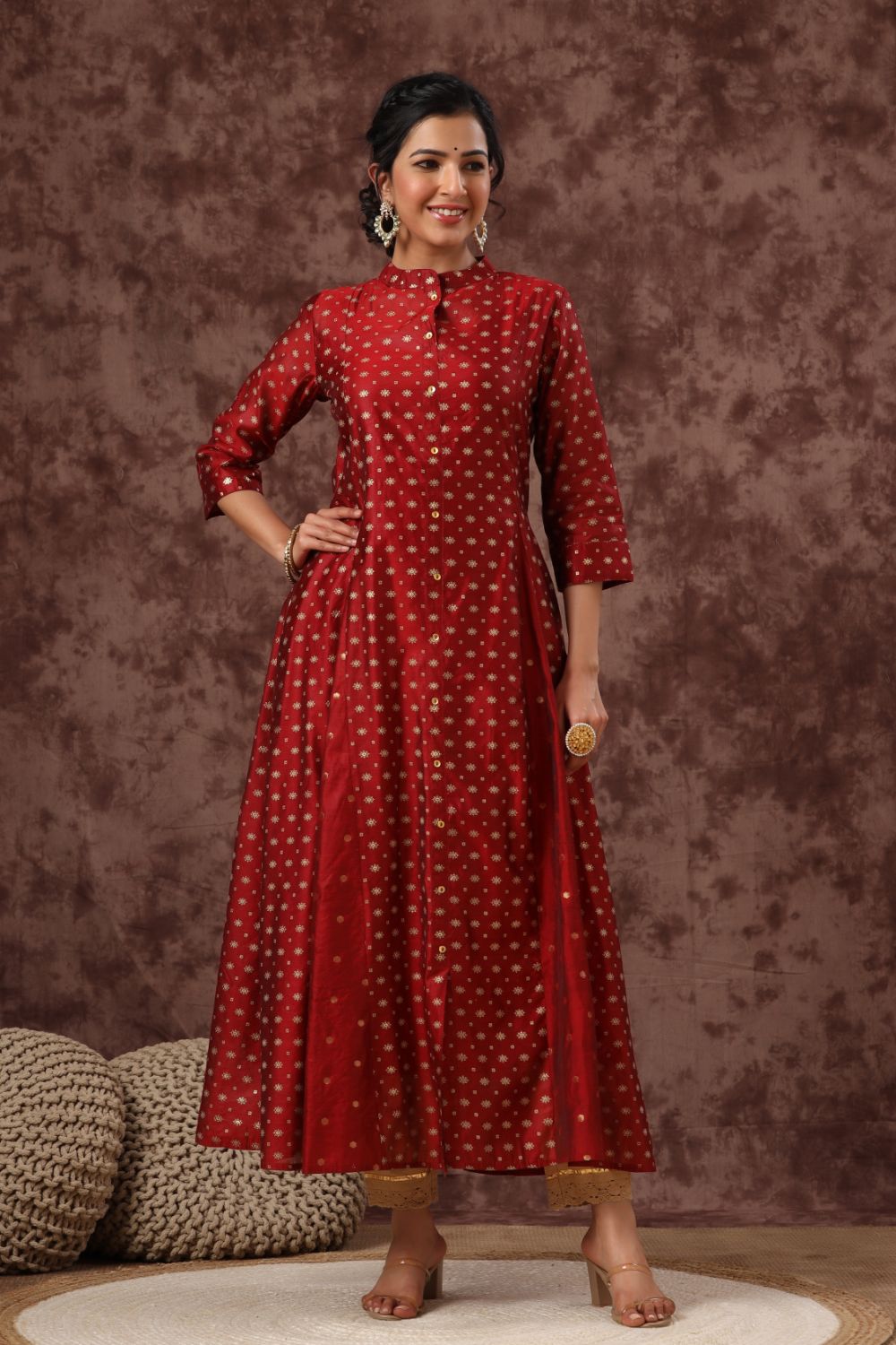 Juniper Womens Maroon Chanderi Foil Print Kurta