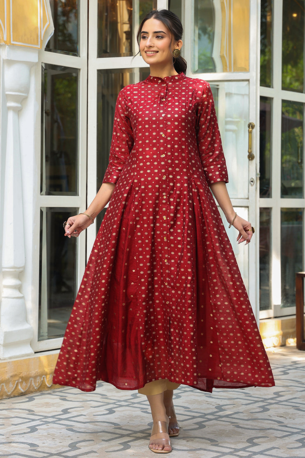 Juniper Women's Maroon Chanderi Silk Printed Anarkali Kurta