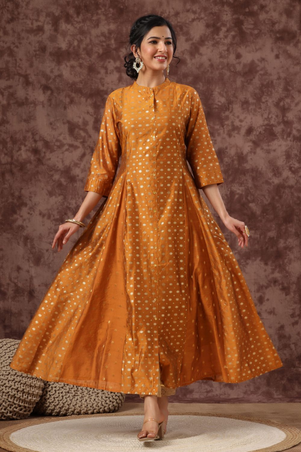 Juniper Womens Mustard Chanderi Foil Print Kurta