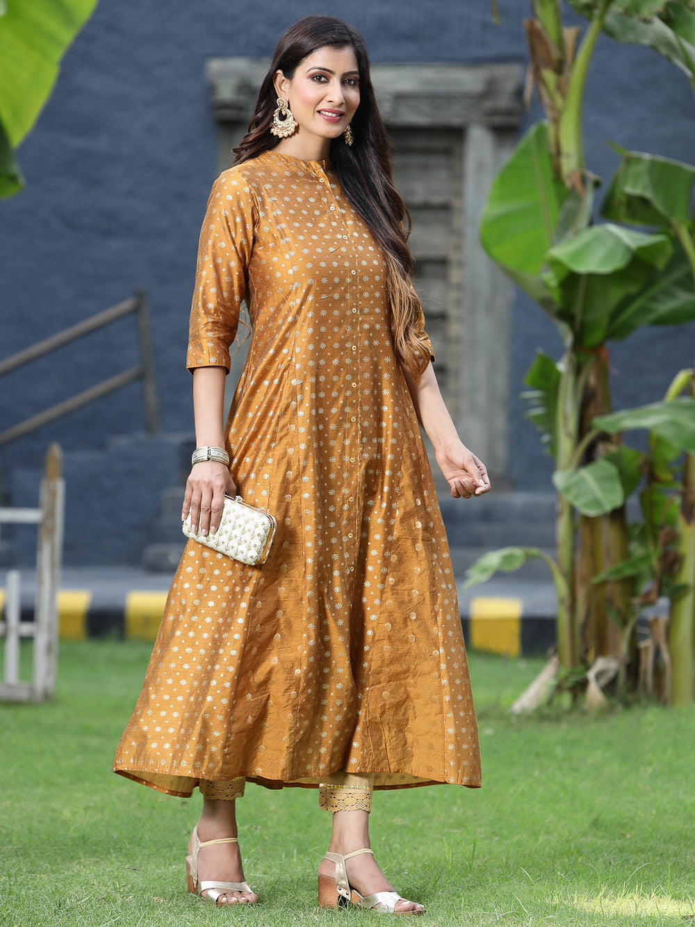 Juniper Women's Mustard Chanderi Silk Printed Anarkali Kurta