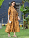 Juniper Women's Mustard Chanderi Silk Printed Anarkali Kurta