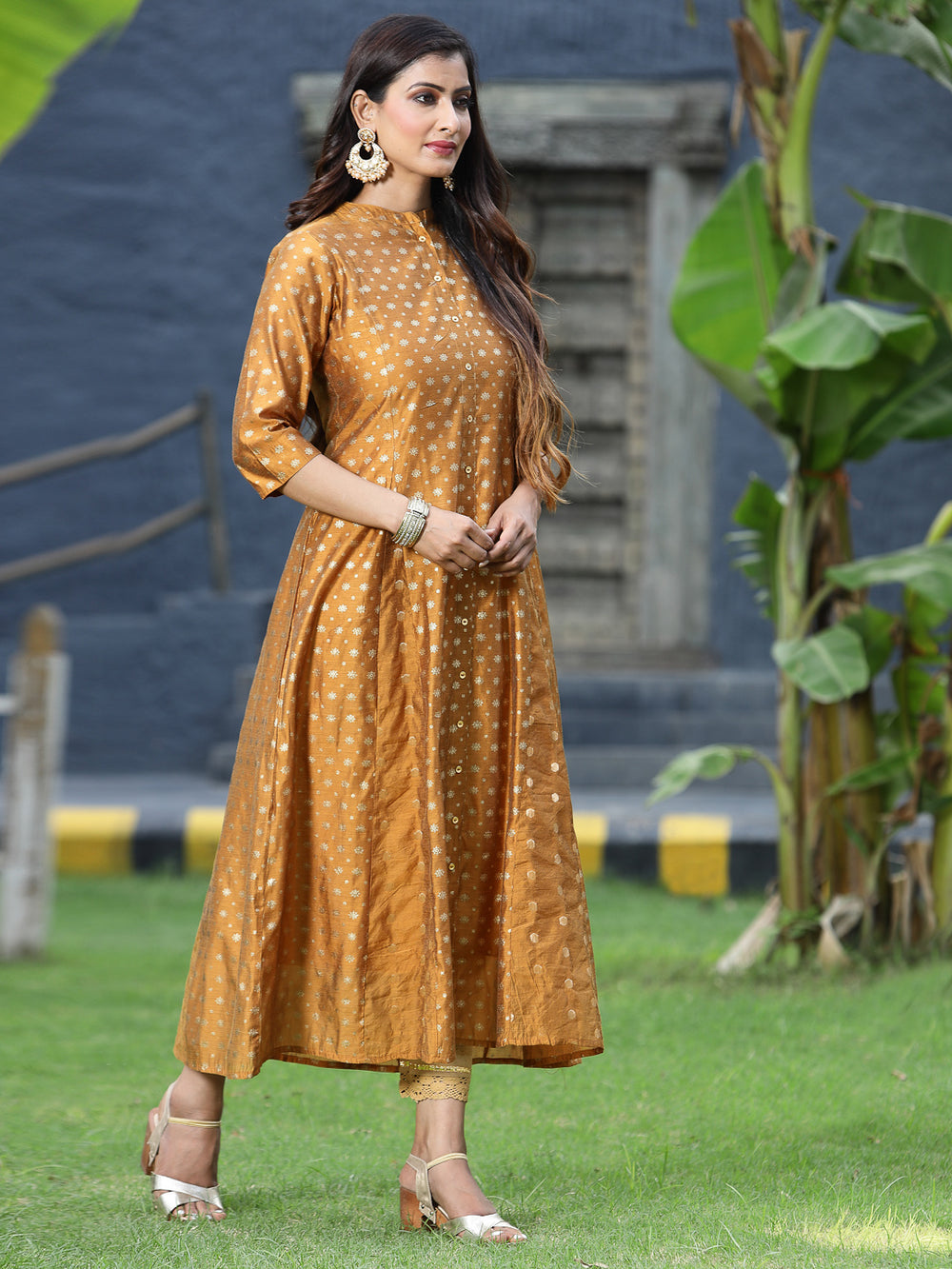 Juniper Women's Mustard Chanderi Silk Printed Anarkali Kurta