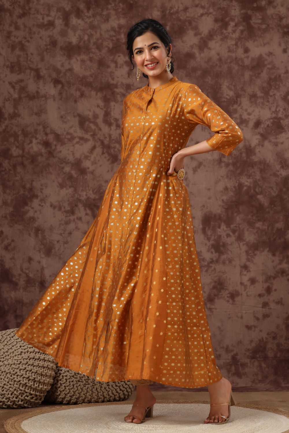 Juniper Womens Mustard Chanderi Foil Print Kurta