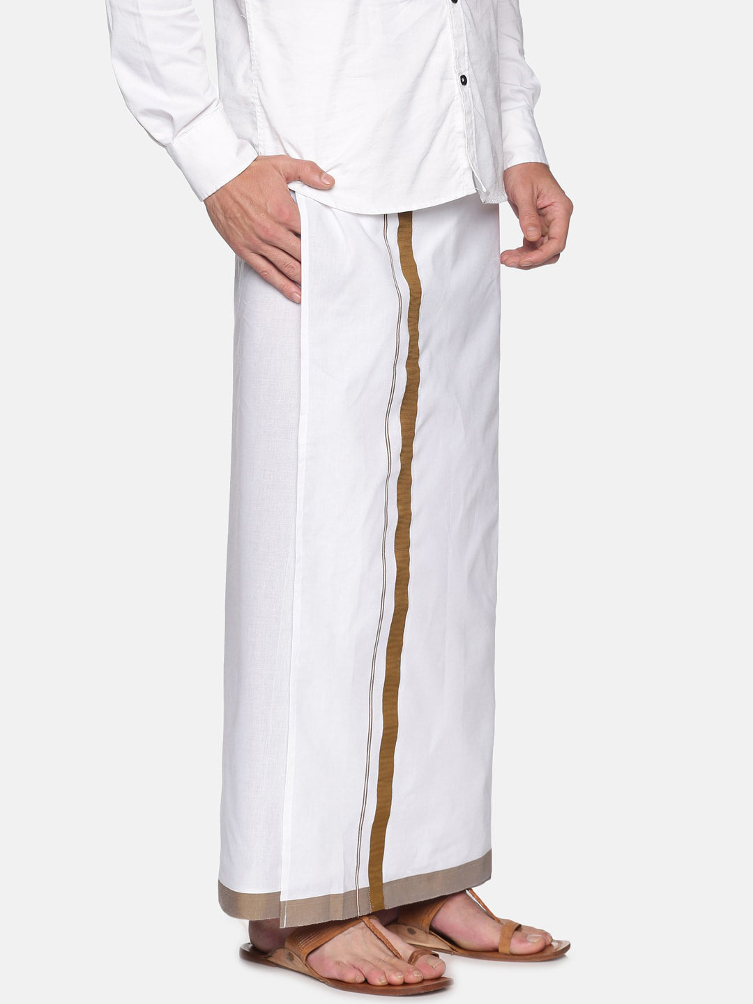 Sethukrishna Men White & Brown Solid Cotton Dhoti