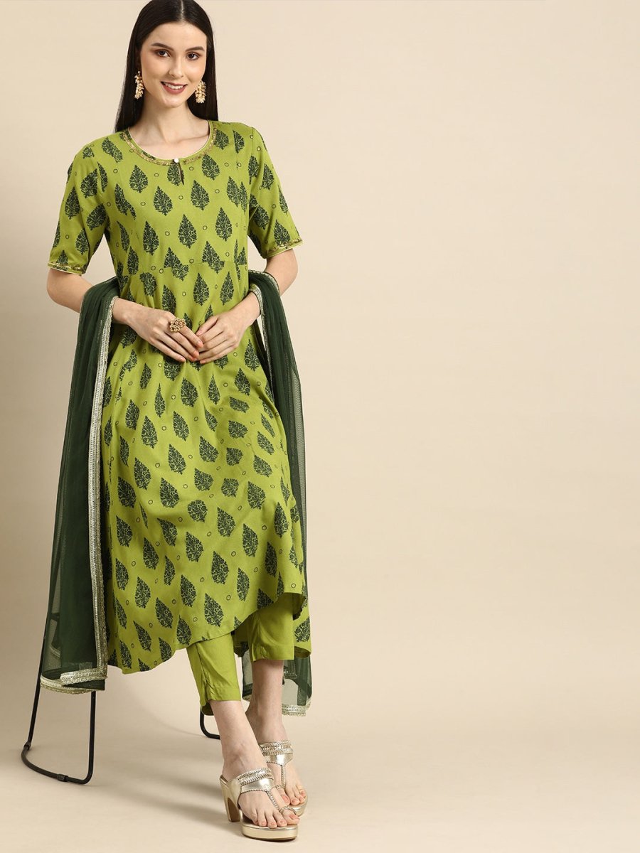 All About You Women Women Green Ethnic Motifs Printed Kurta with Trousers & With Dupatta