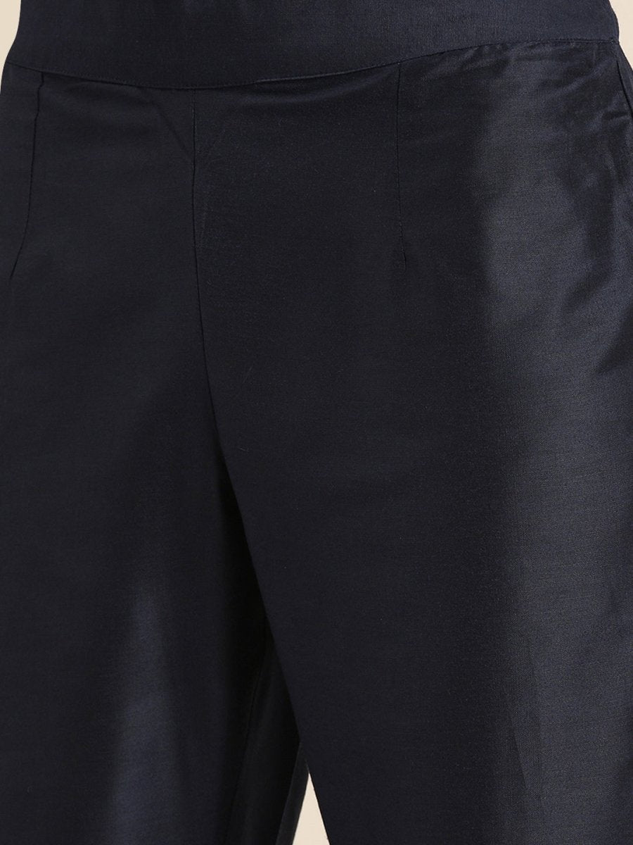 All About You Women Navy Blue & Golden Satin Finish Kurta with Trousers & With Dupatta