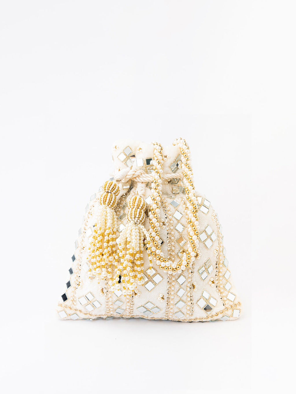 NR By Nidhi Rathi White Mirror Work Embroidered Potli Clutch