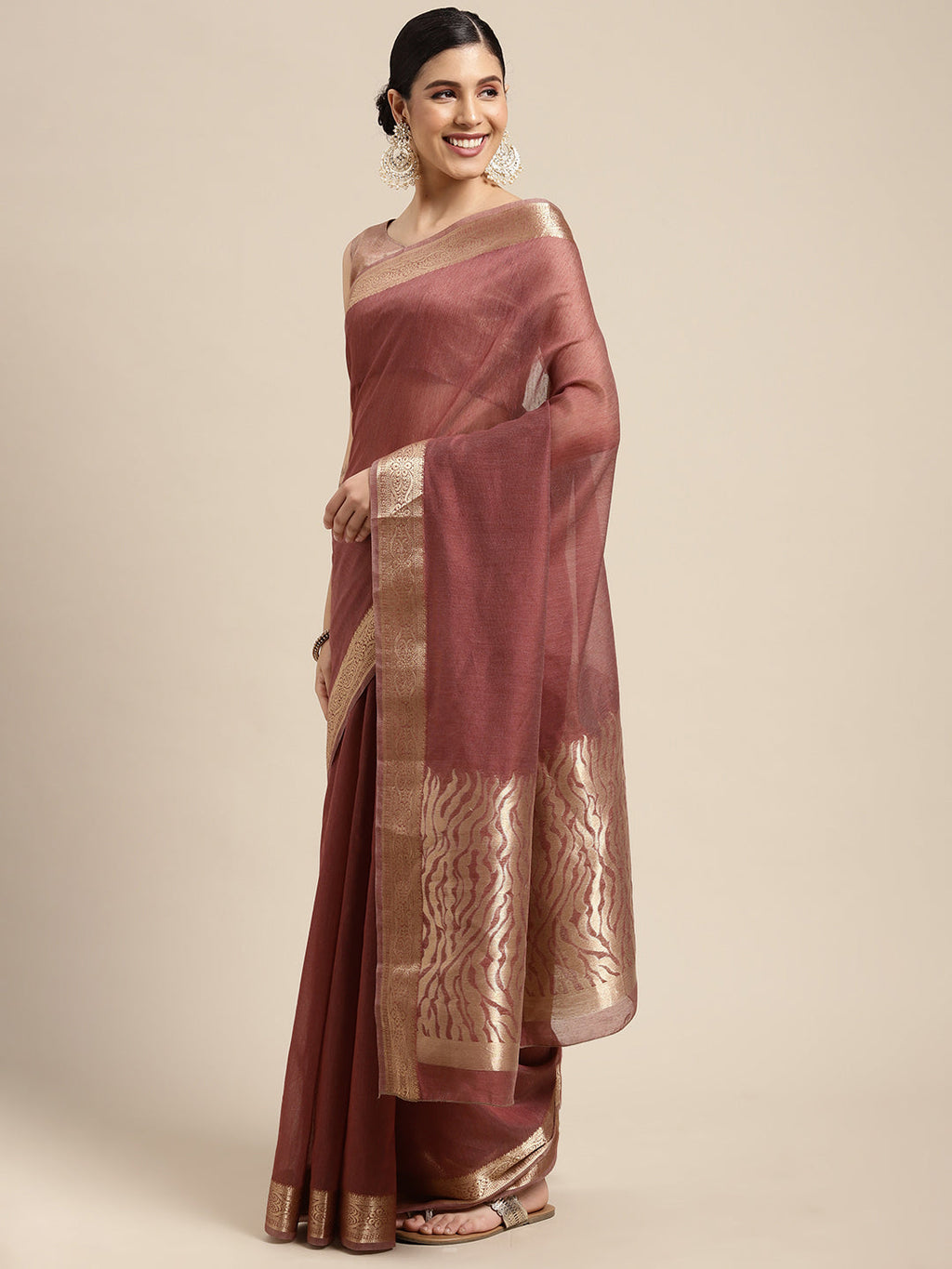 Saree Mall Mauve & Gold Solid Linen Blend Taant Saree
