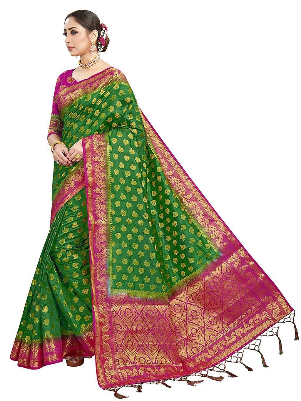 Vardha Women's Green Woven Raw Silk Banarasi Saree