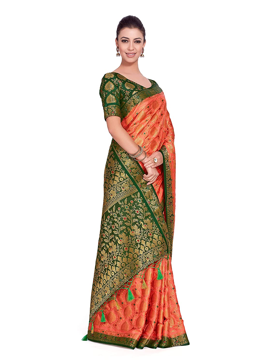 Mimosa Women's Orange Art Silk Kanjivaram Pattu Style Saree With Contrast Blouse