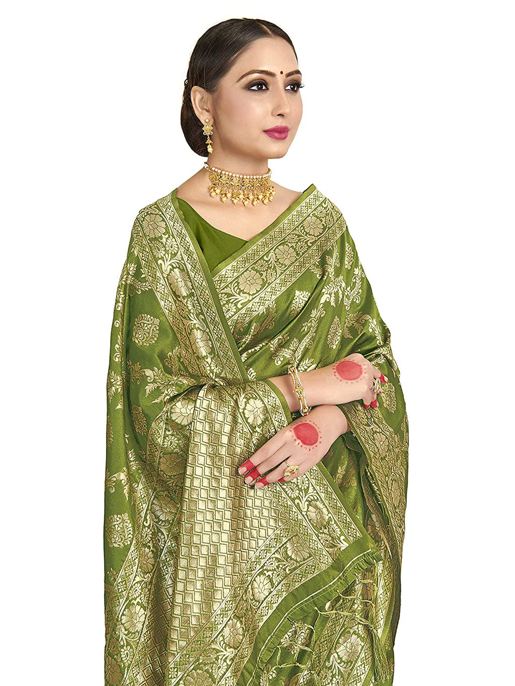 Vardha Women's Olive Green Banarasi Art Silk Saree