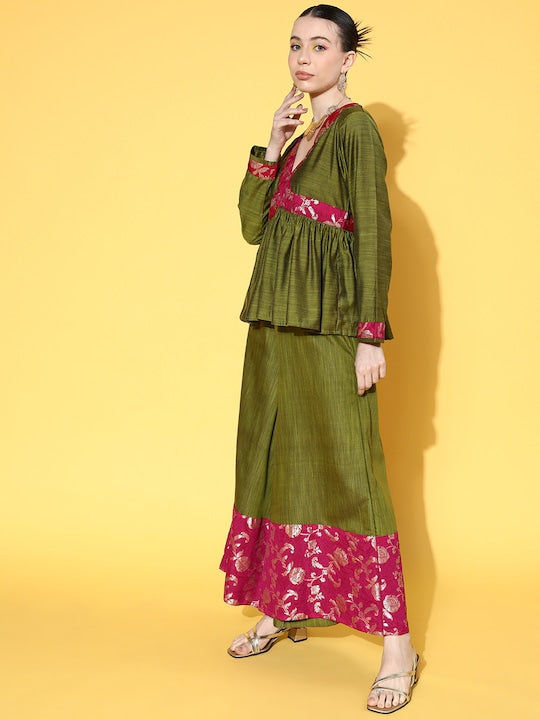 InWeave Women's Olive Pink Brocade Mughal Shaan Kurta Palazzo Set