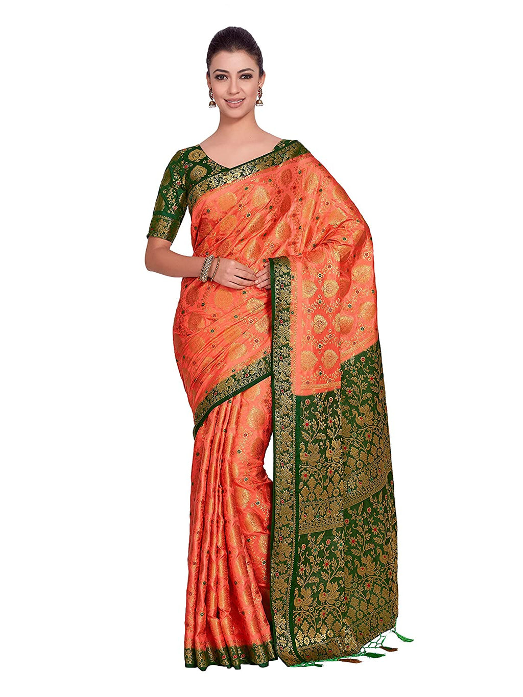 Mimosa Women's Orange Art Silk Kanjivaram Pattu Style Saree With Contrast Blouse