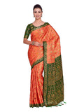 Mimosa Women's Orange Art Silk Kanjivaram Pattu Style Saree With Contrast Blouse