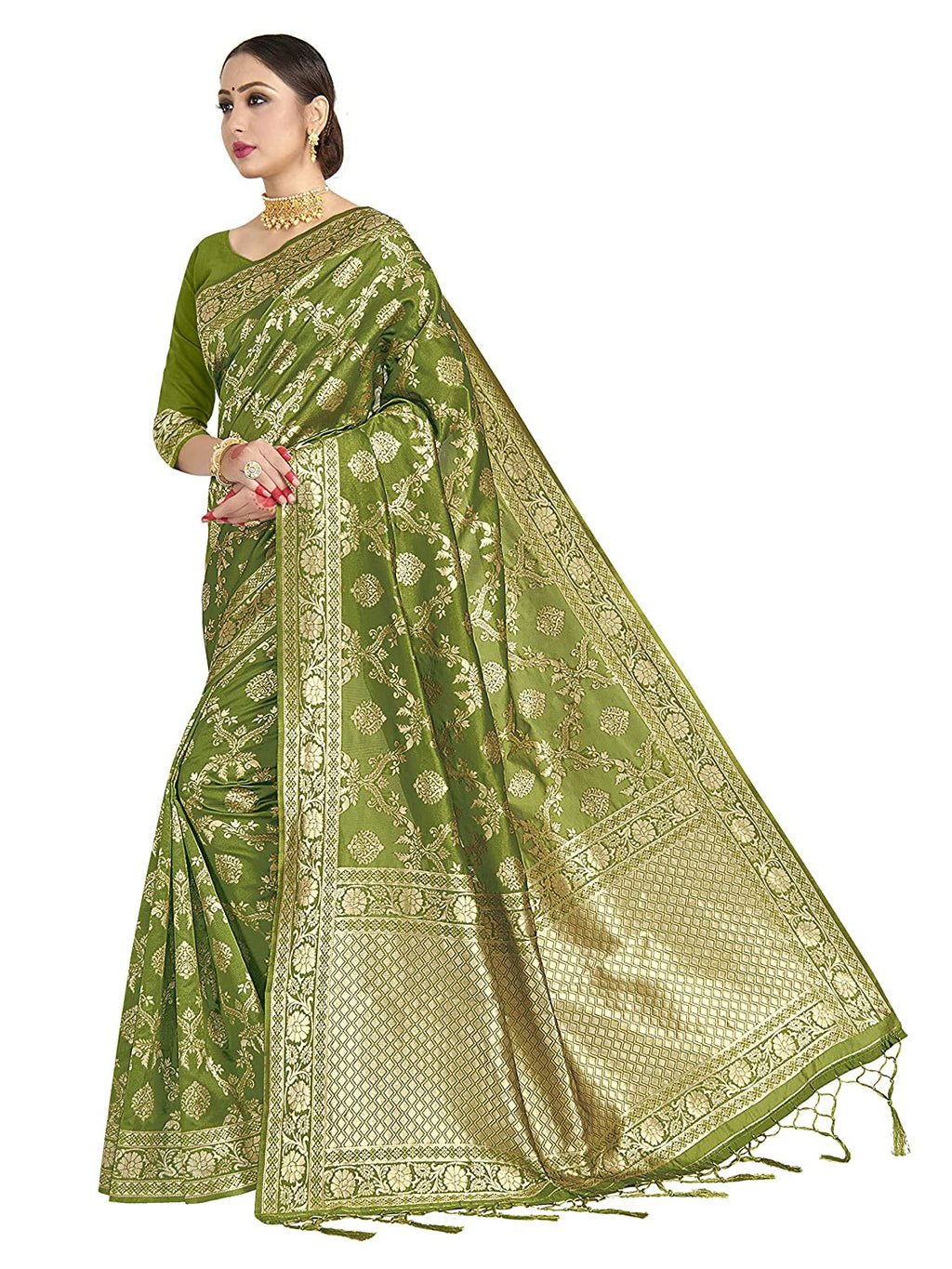 Vardha Women's Olive Green Banarasi Art Silk Saree