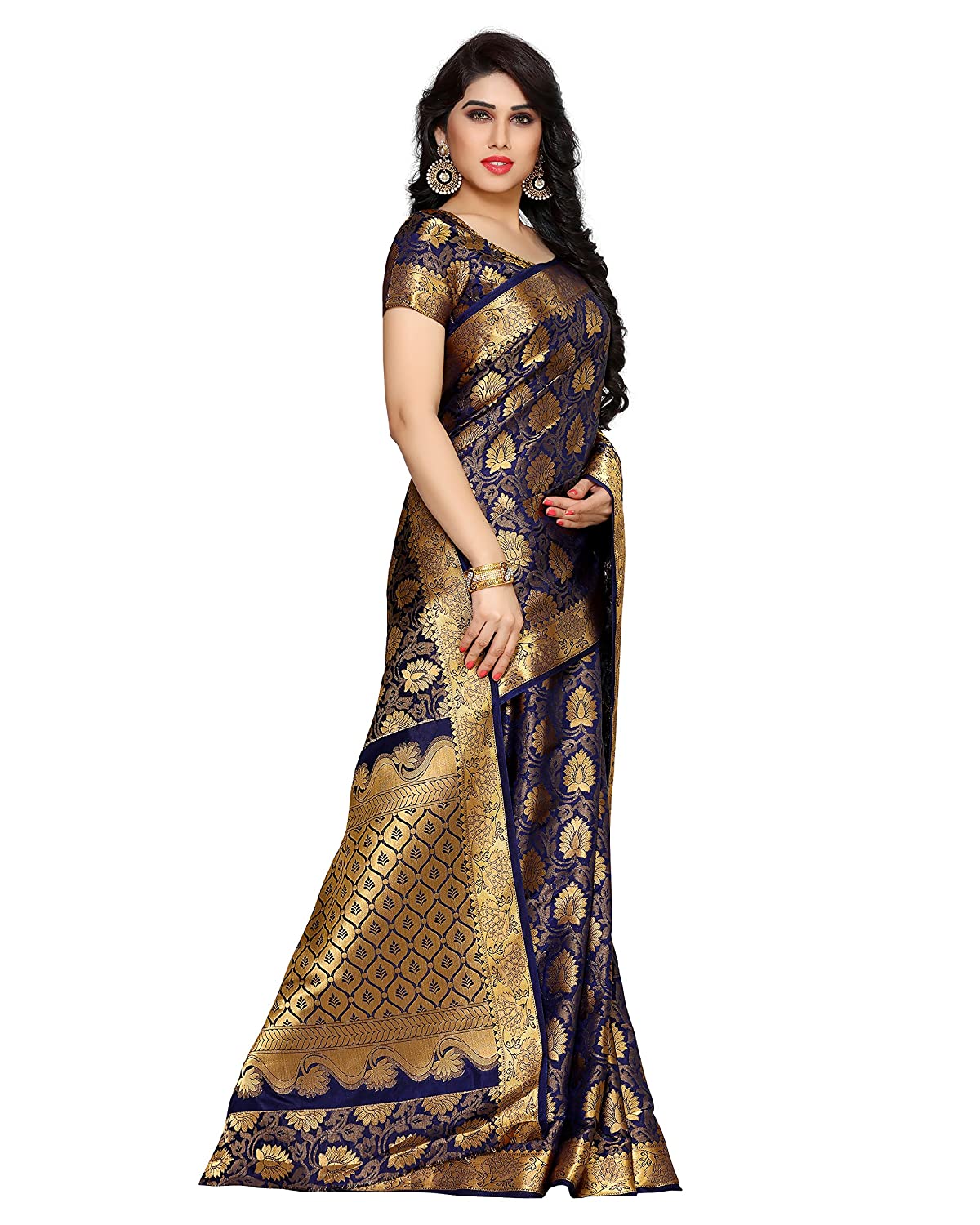 Mimosa Women's navy Blue Kanchipuram Silk Saree With Unstitched Blouse Piece