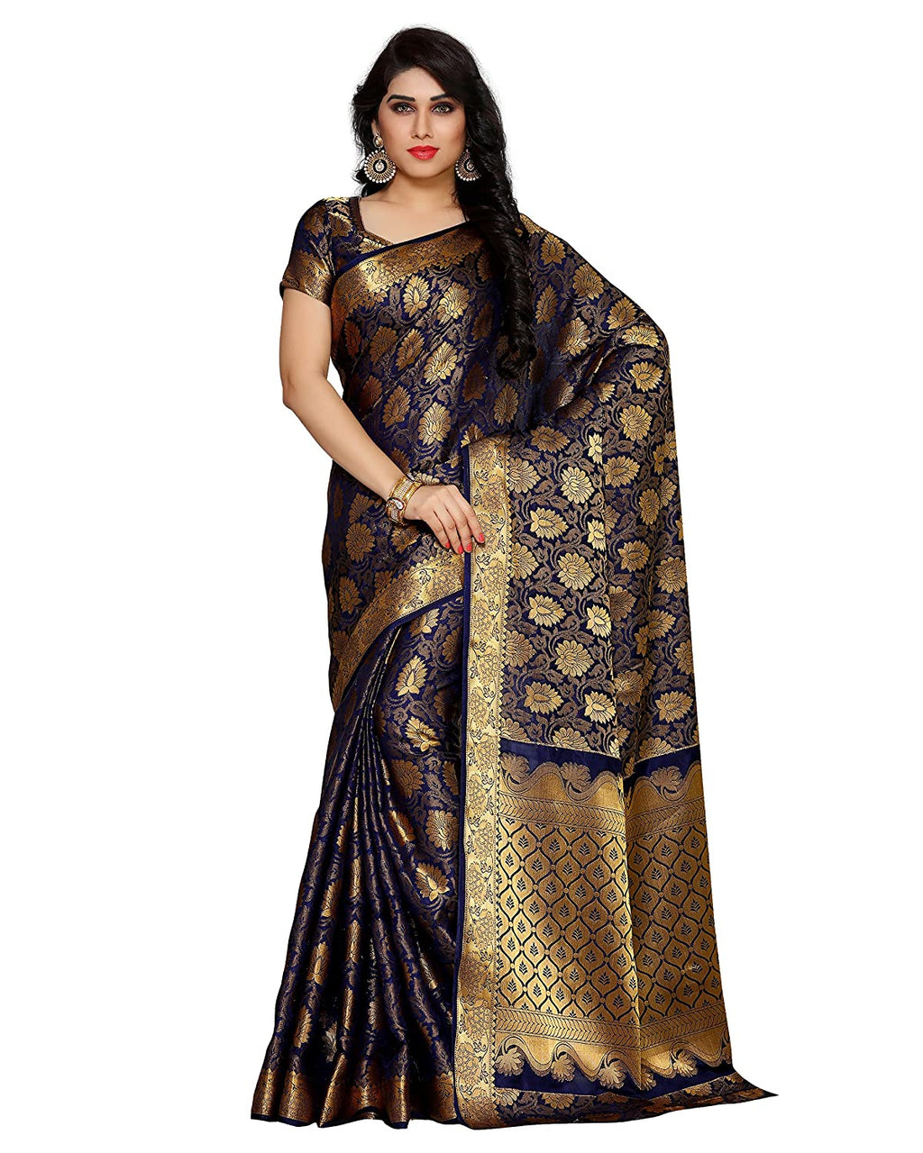 Mimosa Women's navy Blue Kanchipuram Silk Saree With Unstitched Blouse Piece