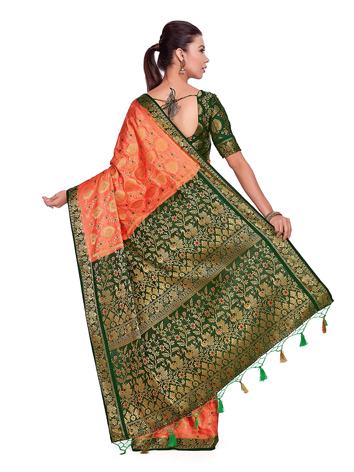 Mimosa Women's Orange Art Silk Kanjivaram Pattu Style Saree With Contrast Blouse