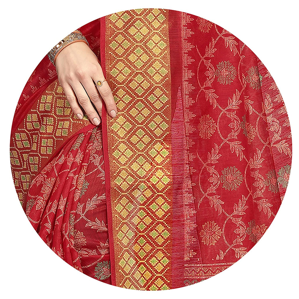 Mirchi Fashion Women's Red Cotton Blend Kalamkari Printed Saree