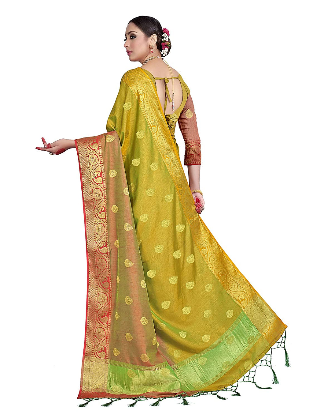 Vardha Women's Yellow Woven Raw Silk Saree