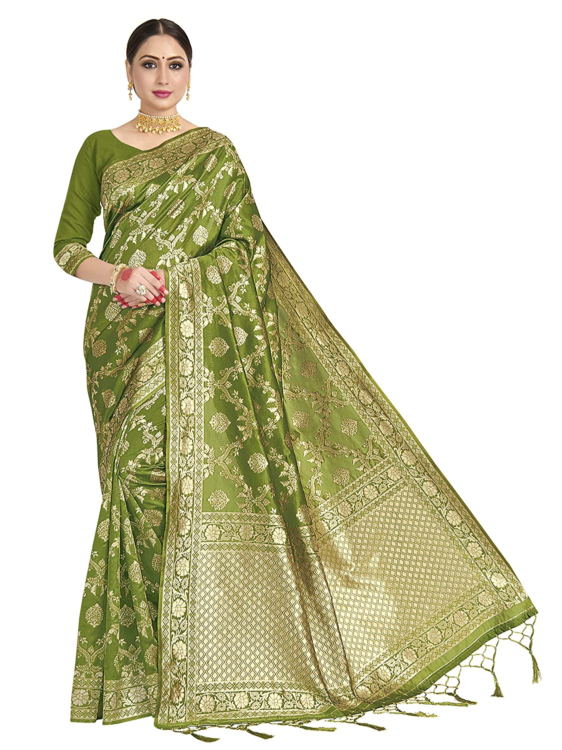 Vardha Women's Olive Green Banarasi Art Silk Saree