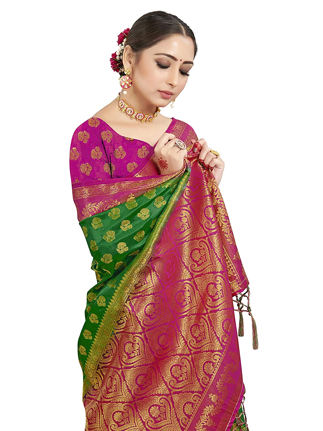 Vardha Women's Green Woven Raw Silk Banarasi Saree