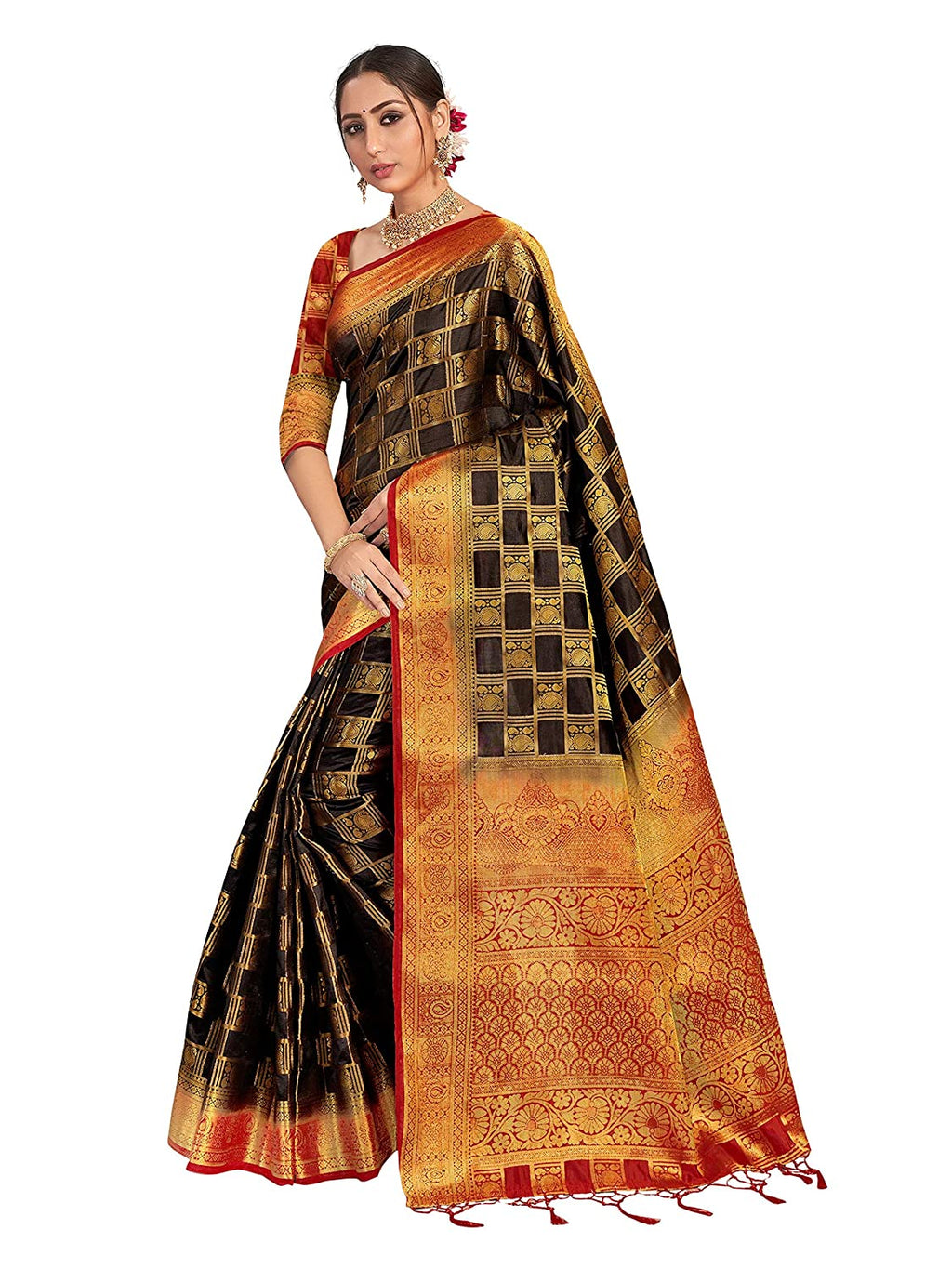 Vardha Women's Black Woven Art Silk Saree With Blouse Piece