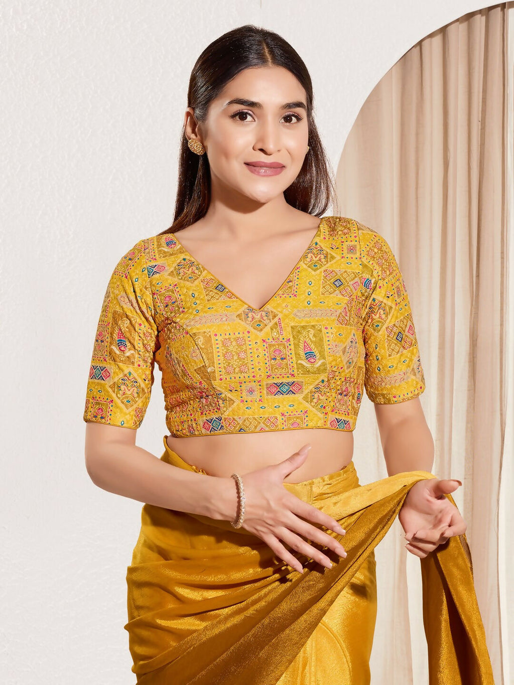 Joban Fashion Yellow Viscose Rayon Padded Blouse With V Neck Elbow Sleeves
