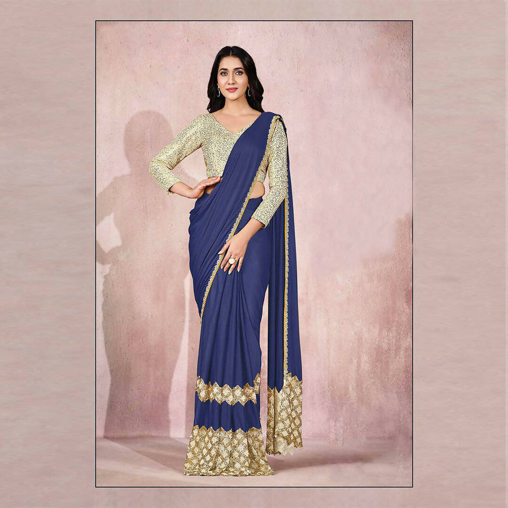 Blue Lycra Embroidery Designer Saree With Blouse - Mohmanthan Sitaarah