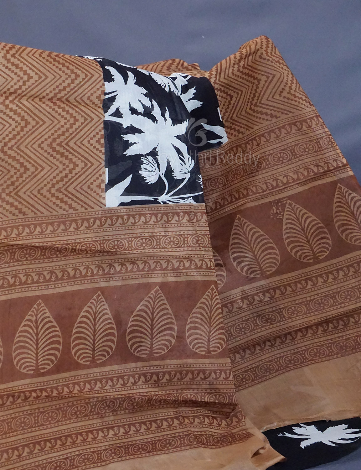Black And Chikoo Colour Block Print Pure Mulmul Cotton Saree By Gayathri Reddy Designer Studio