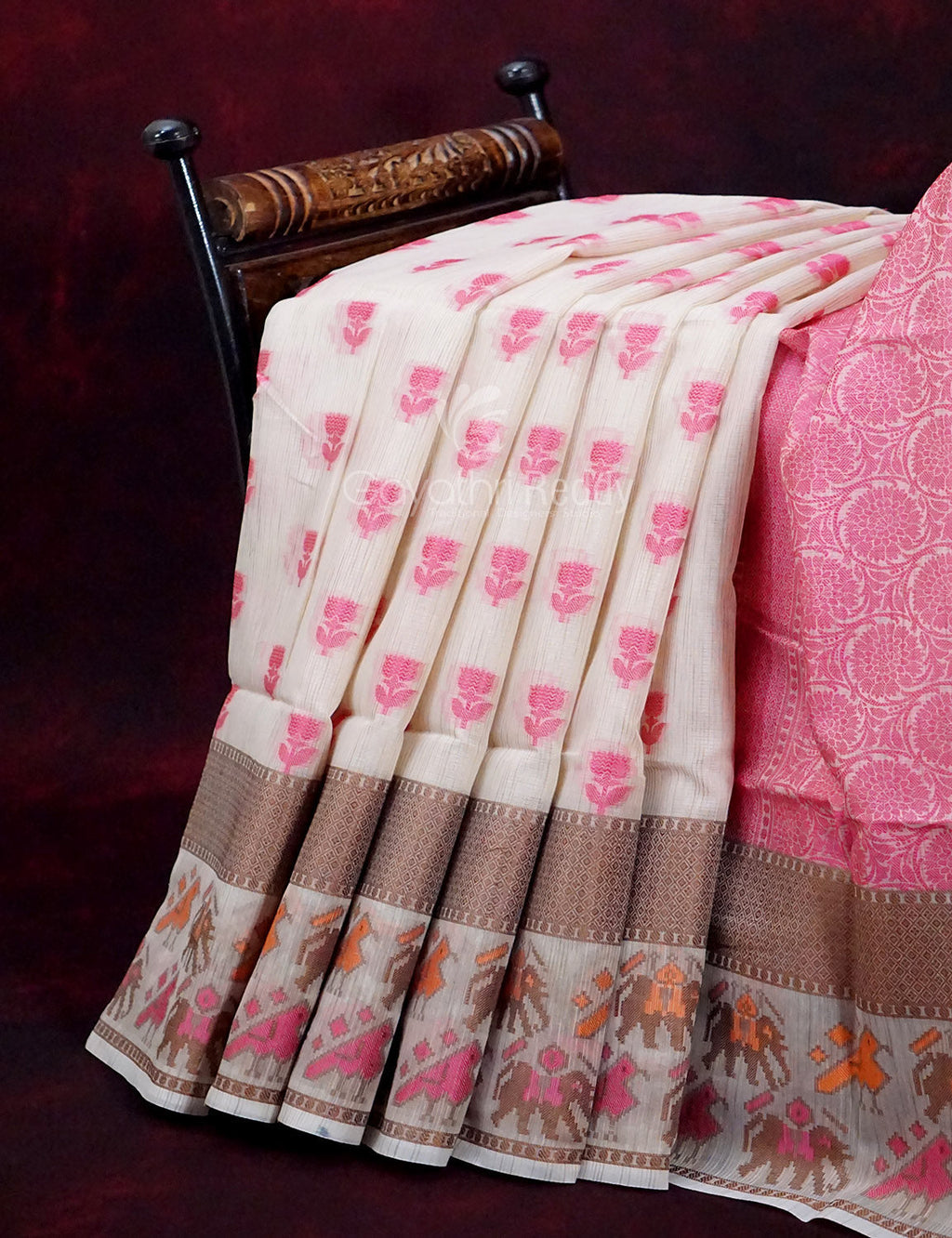 Combo of Cream and Pink with Floral Buttes Banarasi Munga Kota Saree By Gayathri Reddy Designer Studio