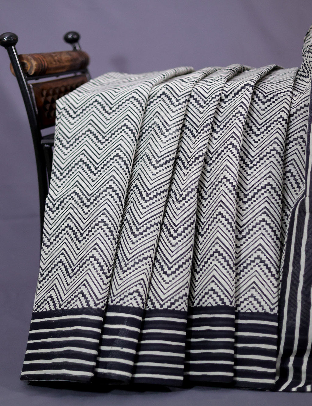 Cream And Black Colour Combo With Waves Print Pure Mulmul Cotton Saree By Gayathri Reddy Designer Studio