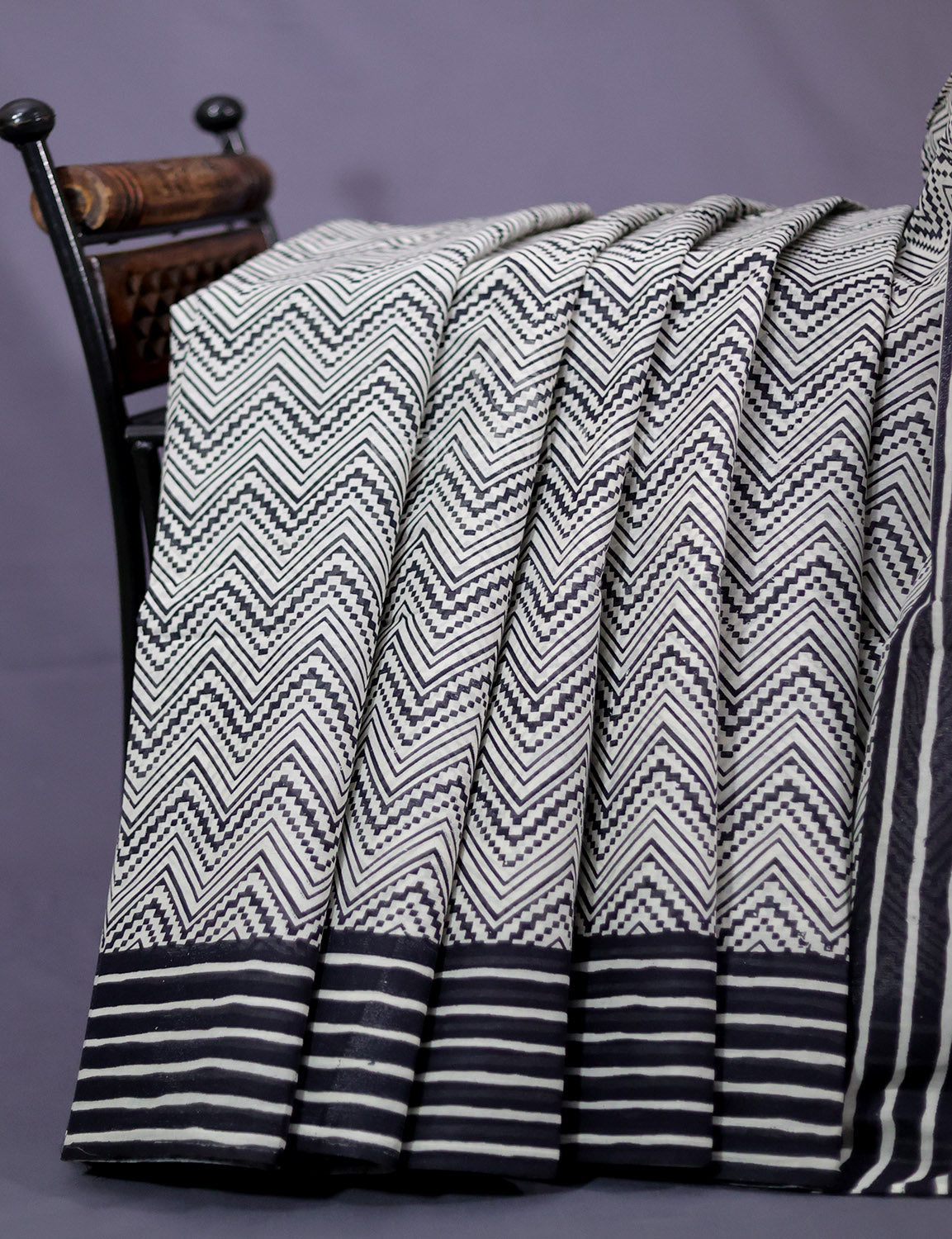 Cream And Black Colour Combo With Waves Print Pure Mulmul Cotton Saree By Gayathri Reddy Designer Studio