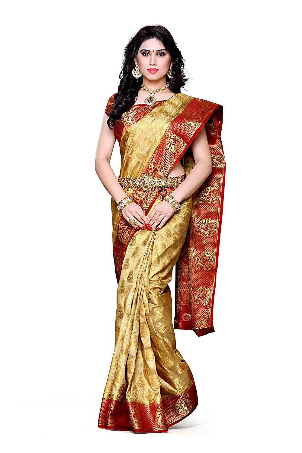 Mimosa Women's Chiku Color Kanchipuram Art Silk Saree With Blouse Piece