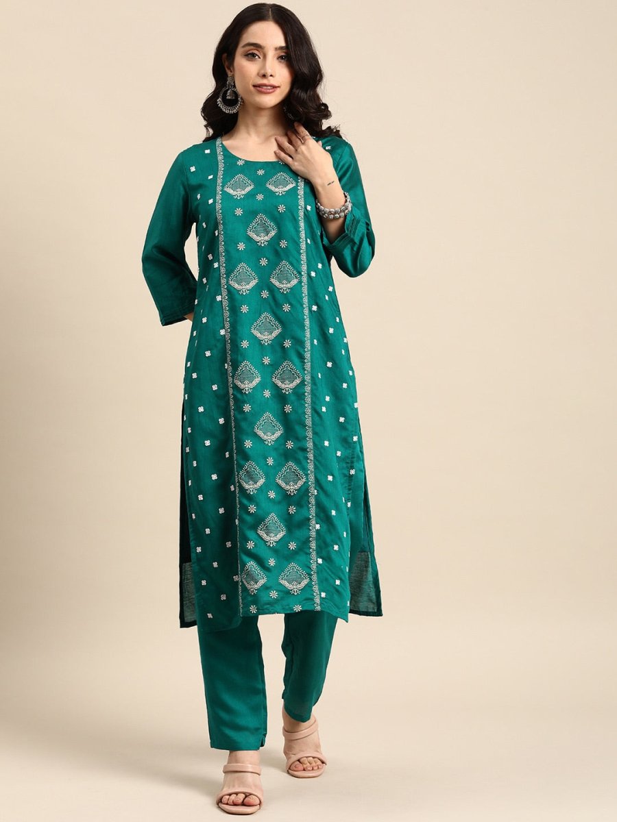 All About You Ethnic Motifs Embroidered Panelled Thread Work Chanderi Silk Kurta Set