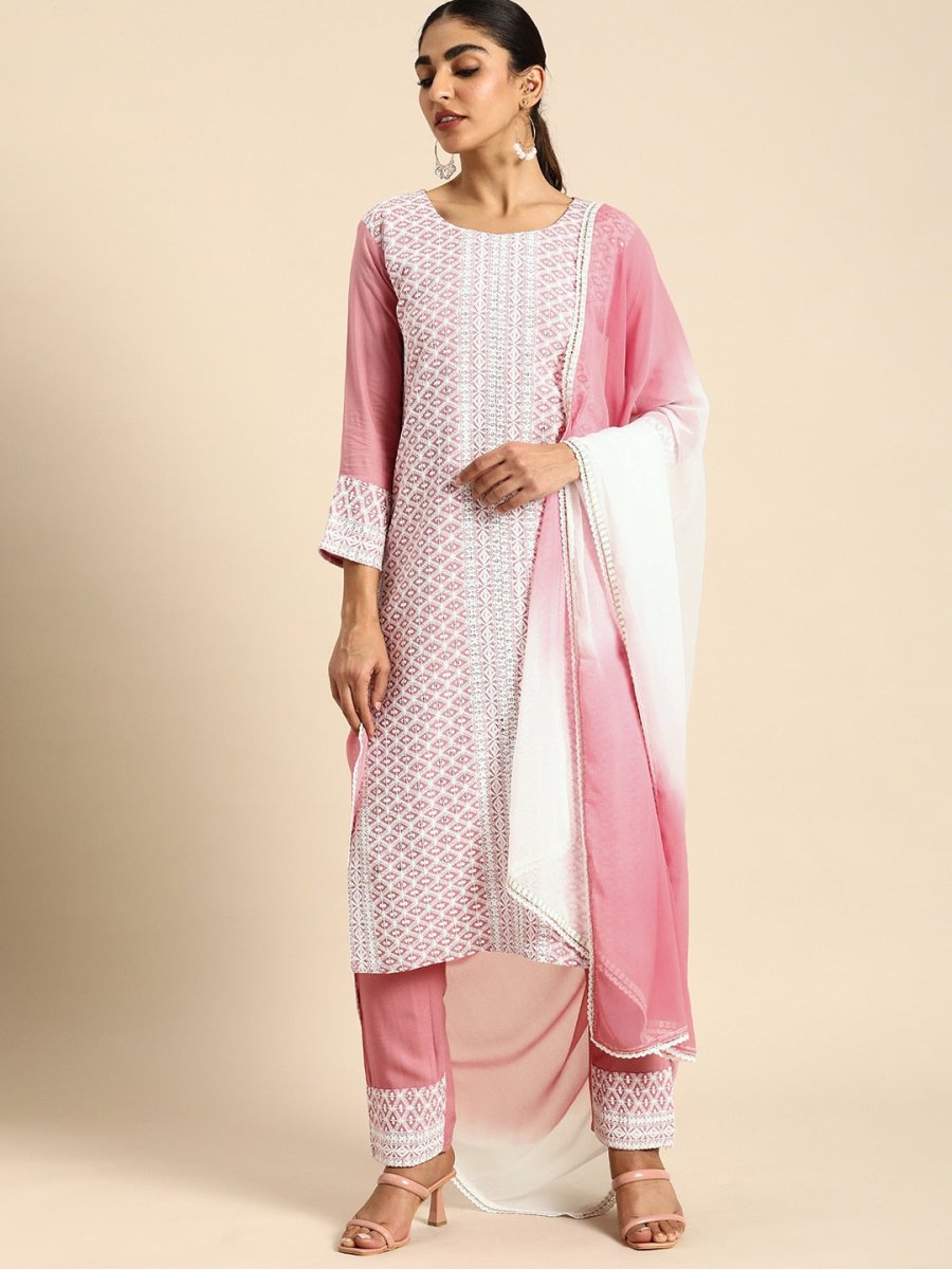 All About You Women Embroidered Chikankari Kurta With Trousers & With Dupatta
